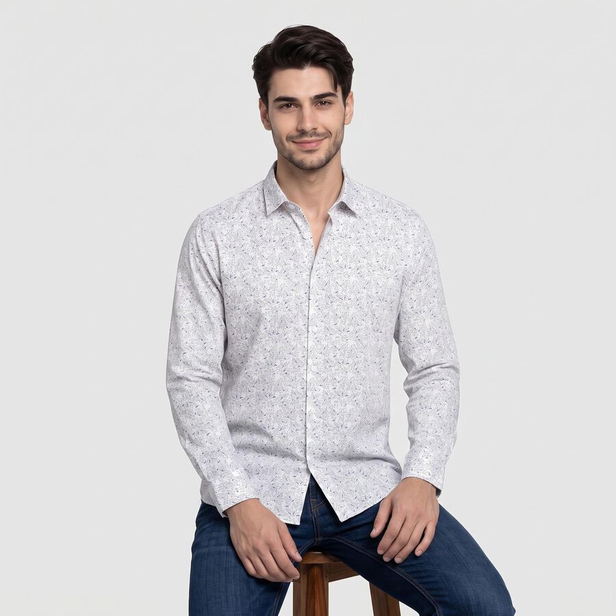 Men's Off White Cotton Floral Casual Shirt, Off White, large