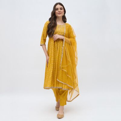 Women's Mustard Embroidered Ethnic Set