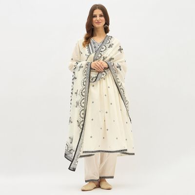 Women's White Cotton Embroidered Ethnic Set