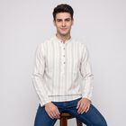 Men's White Mandarin Collar Striped Kurta, सफ़ेद, small