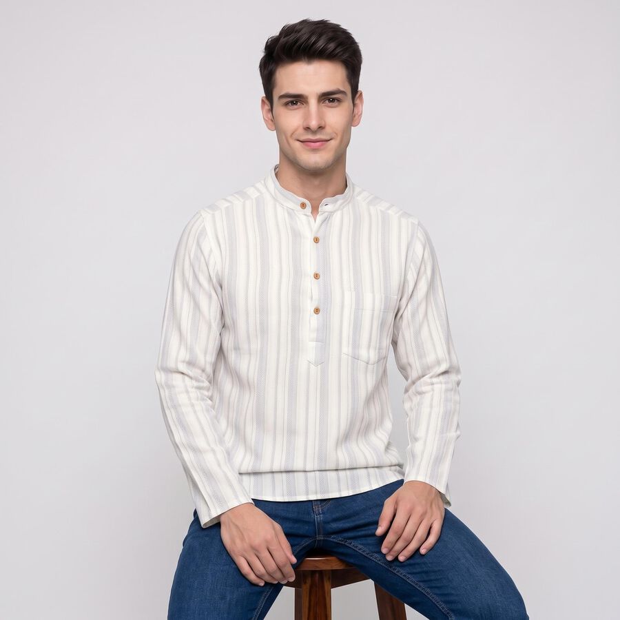 Men's White Mandarin Collar Striped Kurta, सफ़ेद, large