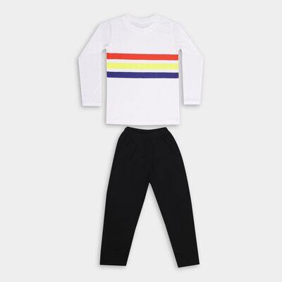 Boys' White Round Neck Striped Baba Suit
