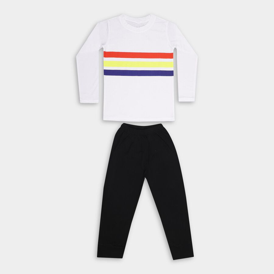 Boys' White Round Neck Striped Baba Suit, सफ़ेद, large image number null