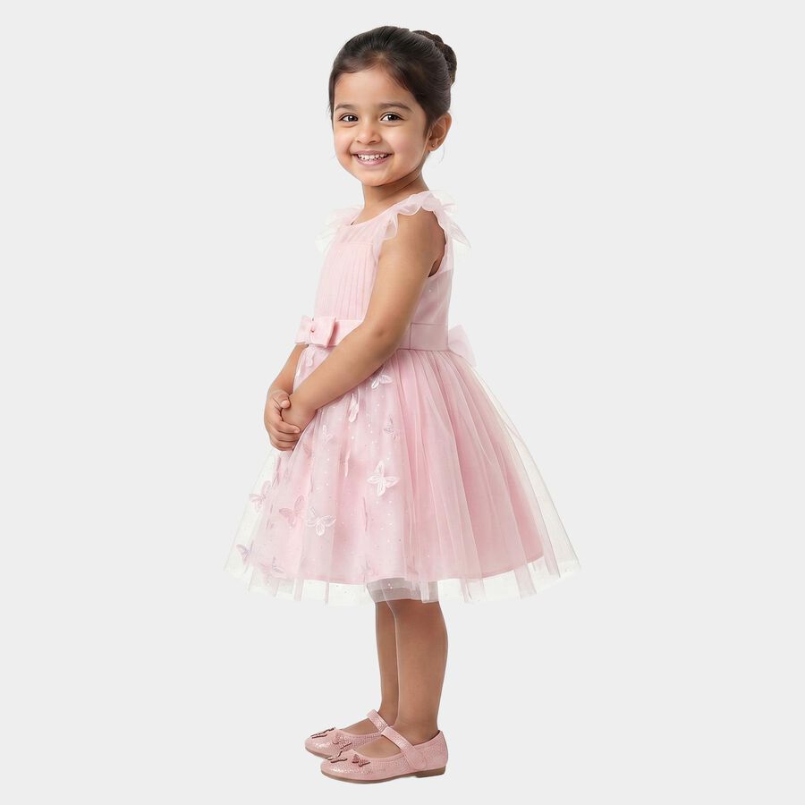 Girls Pink Fit and Flare Butterfly Applique Party Wear Frock, गुलाबी, large