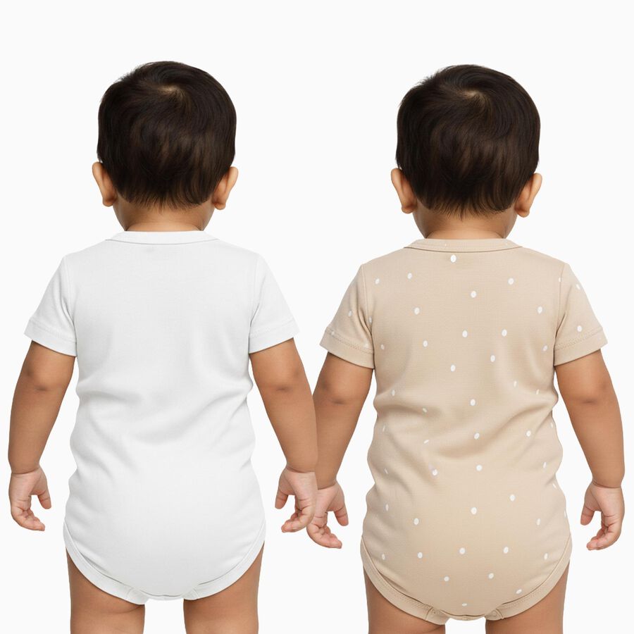 Infants' Light Beige and White Cotton Round Neck Classic Bodysuit Set, गहरा पीला, large image number null