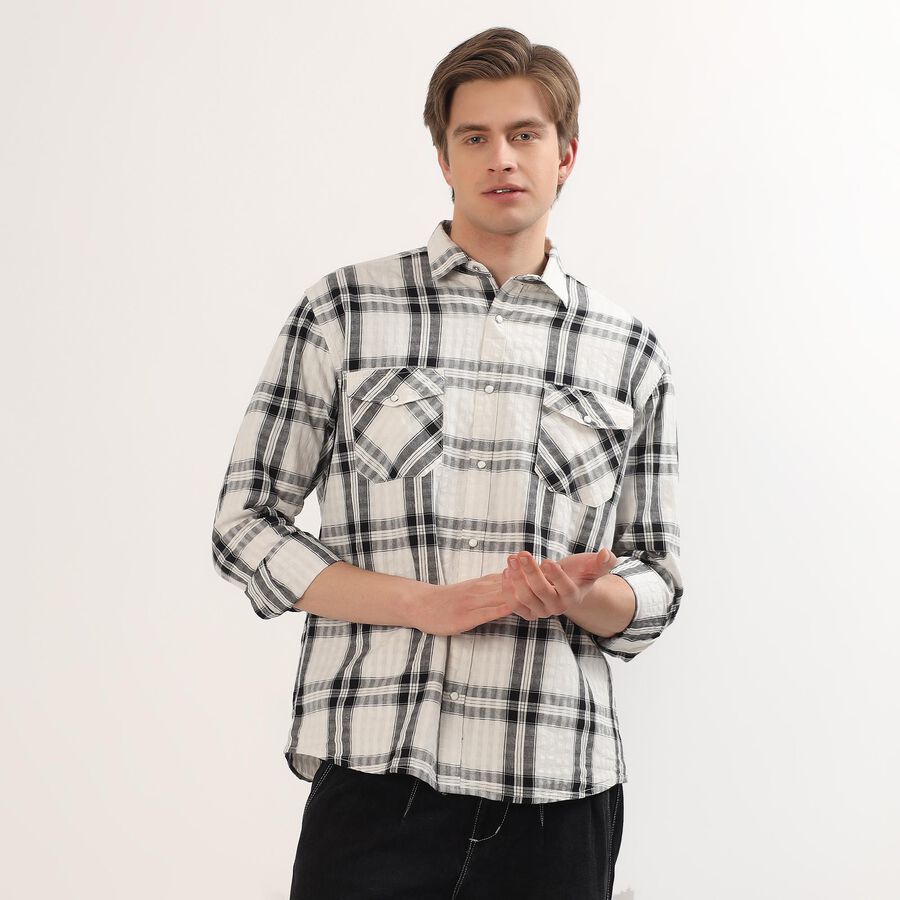 Men's Black and White Cotton Checkered Spread Collar Casual Shirt, Charcoal, large image number null