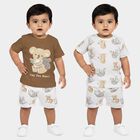 Infants' Beige 100% Cotton Round Neck Printed Baba Suit, गहरा पीला, small