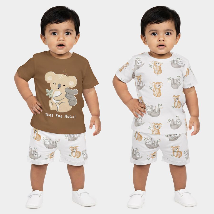 Infants' Beige 100% Cotton Round Neck Printed Baba Suit, गहरा पीला, large
