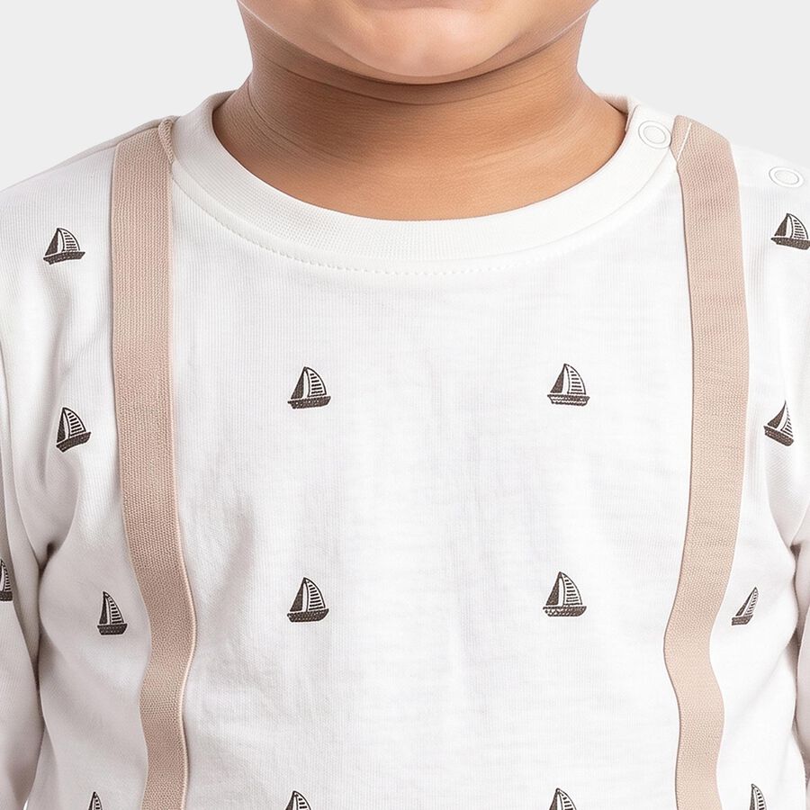 Infants' Beige Round Neck Printed Baba Suit, Beige, large