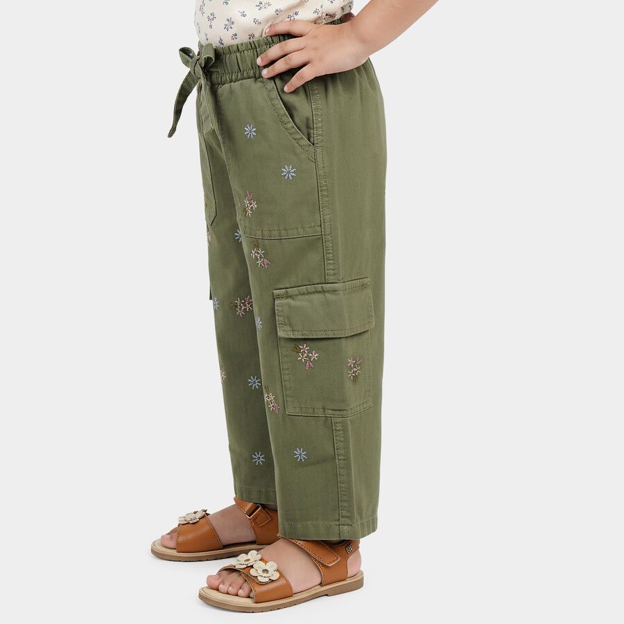 Girls' Olive Green Regular Fit Embroidered Cargo Jeans, Light Green, large