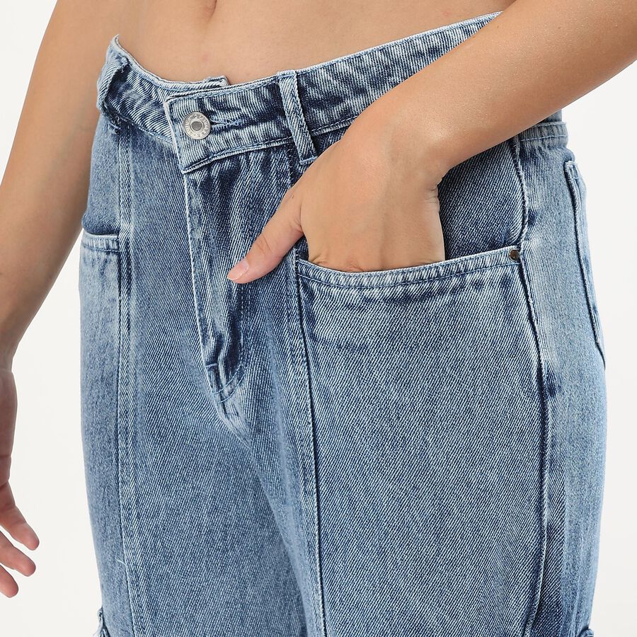 Women's Stonewashed Blue Cargo Fit Jeans, Mid Blue, large image number null