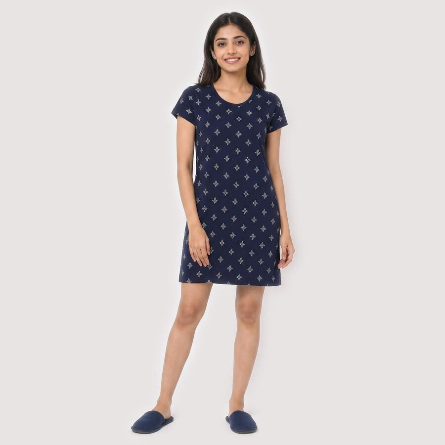 Women's Navy Blue Round Neck T-Shirt Style Nighty, Navy Blue, large
