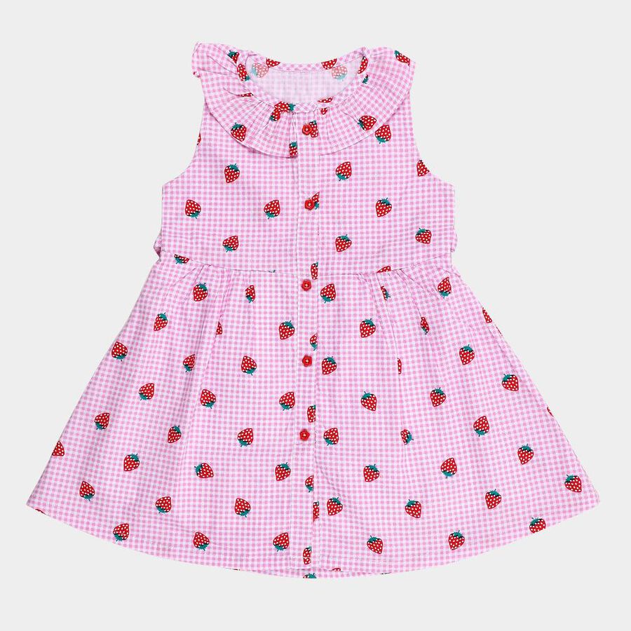 Girls' Light Pink Strawberry Printed Sleeveless A-Line Frock, Pink, large image number null