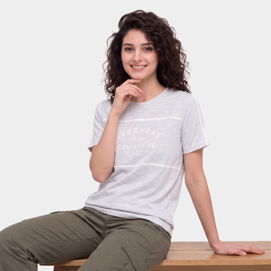 Women's Grey Round Neck Regular T-Shirt, मिश्रित हल्का ग्रे, large