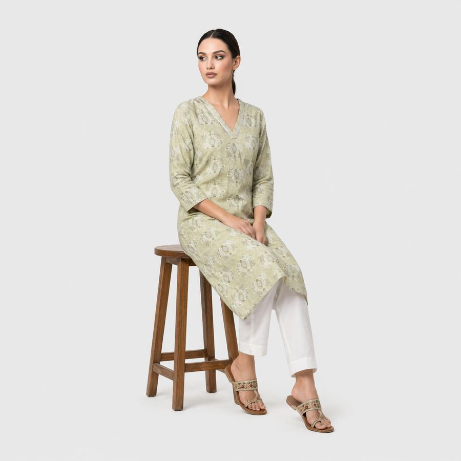 Women's Sage Green V-Neck Printed Kurta, हल्का हरा, large