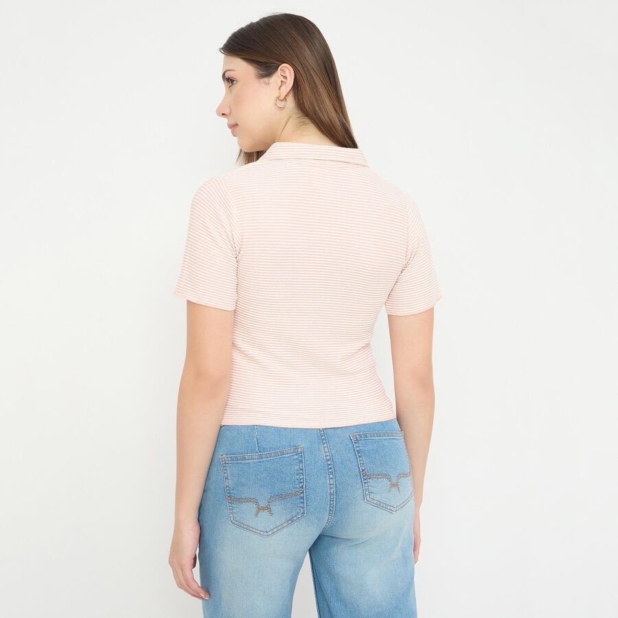 Women's Bright Pink Polo Collar Casual T-Shirt, गुलाबी, large