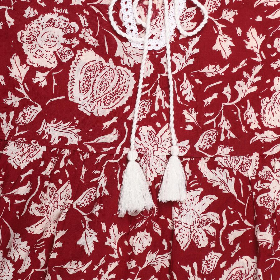 Girls Deep Crimson Red Viscose Floral Printed Kurta and Pant Fusion Set, Wine, large image number null