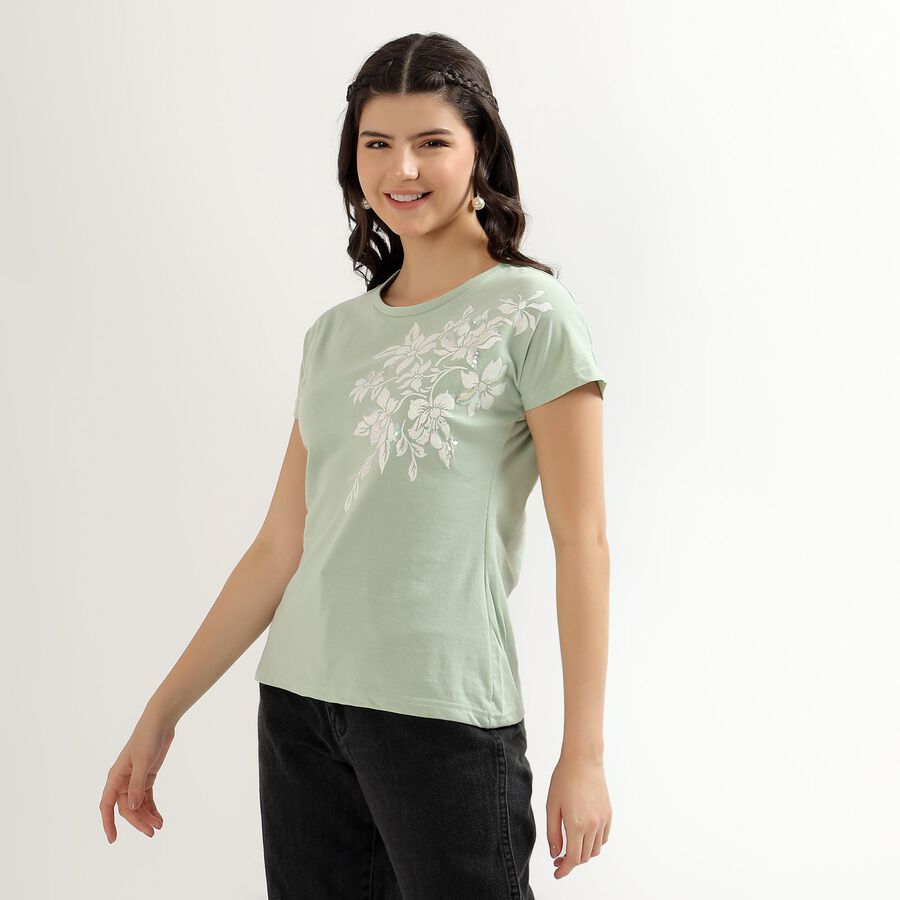 Women's Light Sage Green Round Neck Floral Print T-Shirt, Light Green, large image number null