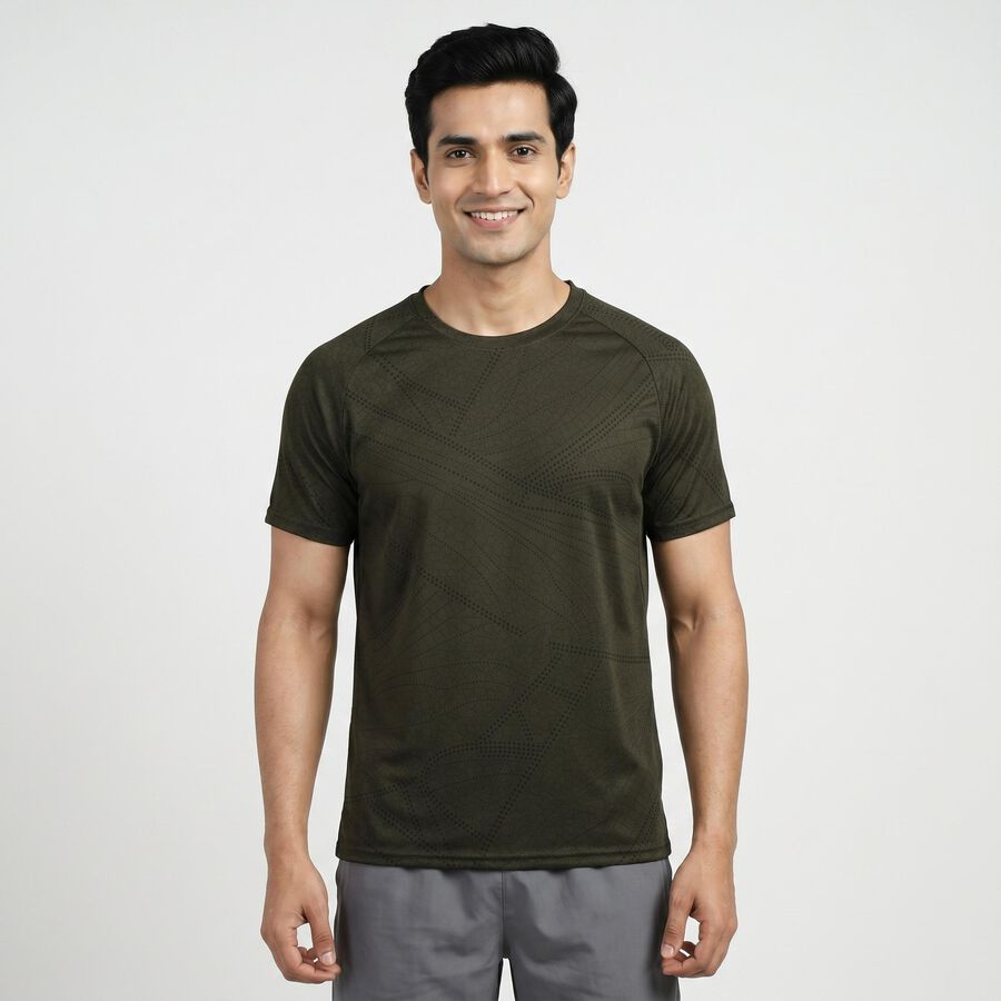 Men's Olive Green Round Neck Athleisure T-Shirt, Olive, large