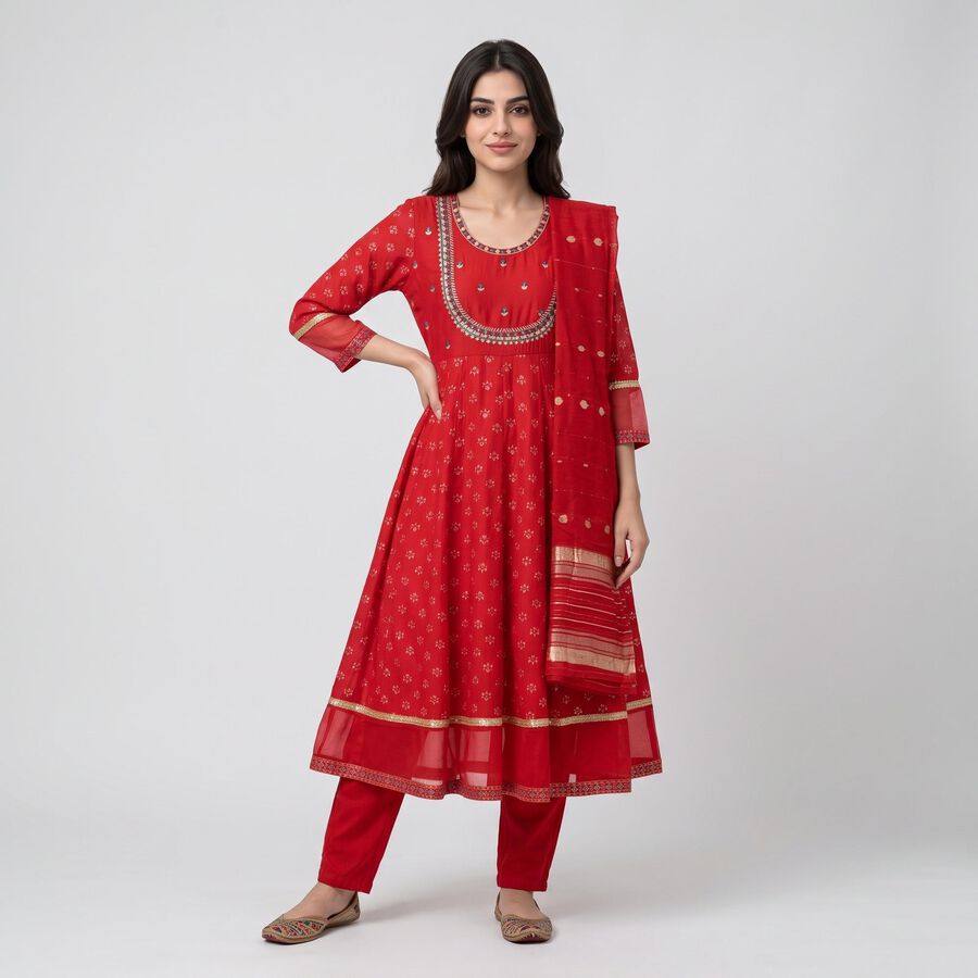 Women's Red Embroidered Ethnic Set, Red, large