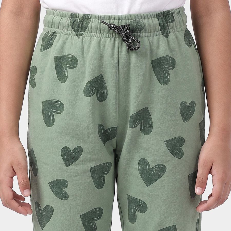 Girls' Sage Green Heart Printed Drawstring Pyjama, Light Green, large