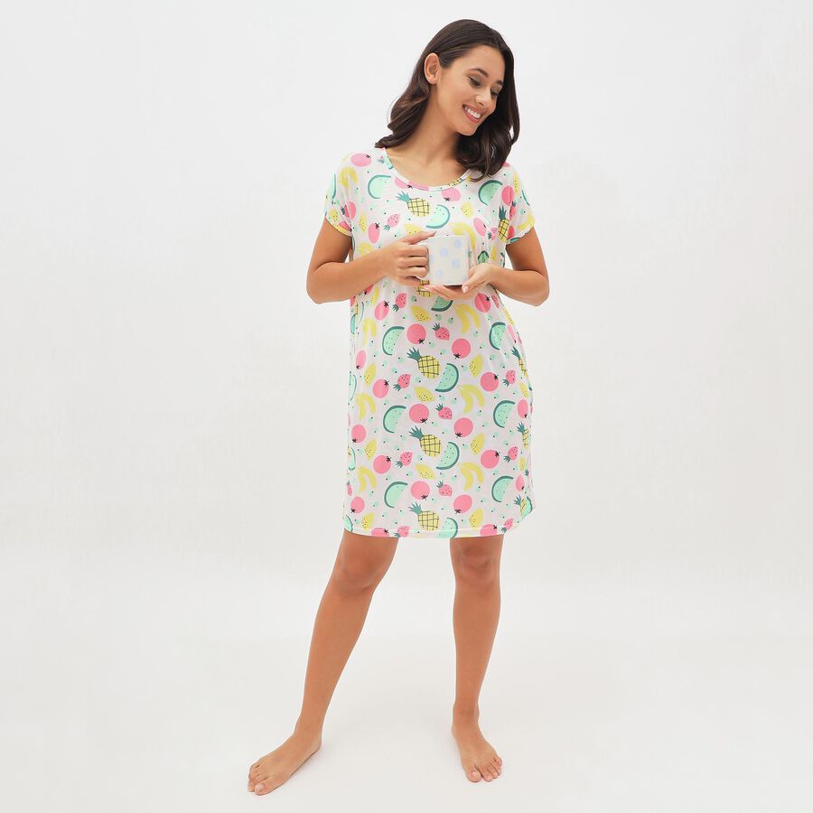 Women's Bright White Round Neck Casual Nighty, White, large image number null