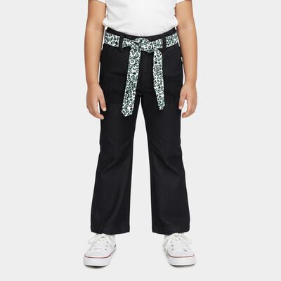 Girls' Jet Black Wide Leg Printed Belt Jeans