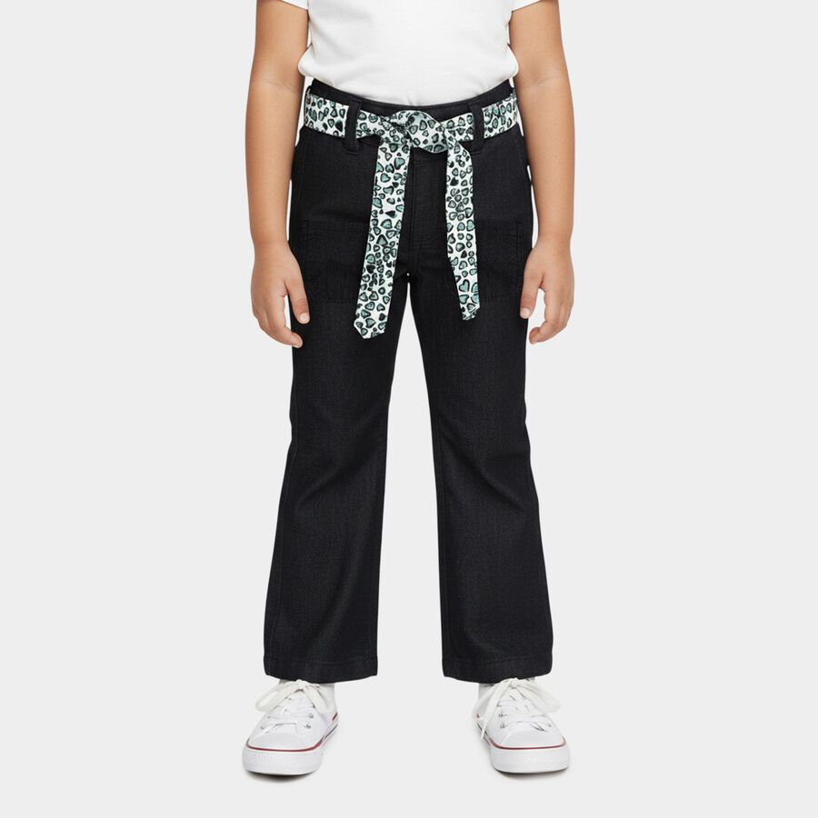 Girls' Jet Black Wide Leg Printed Belt Jeans, Black, large