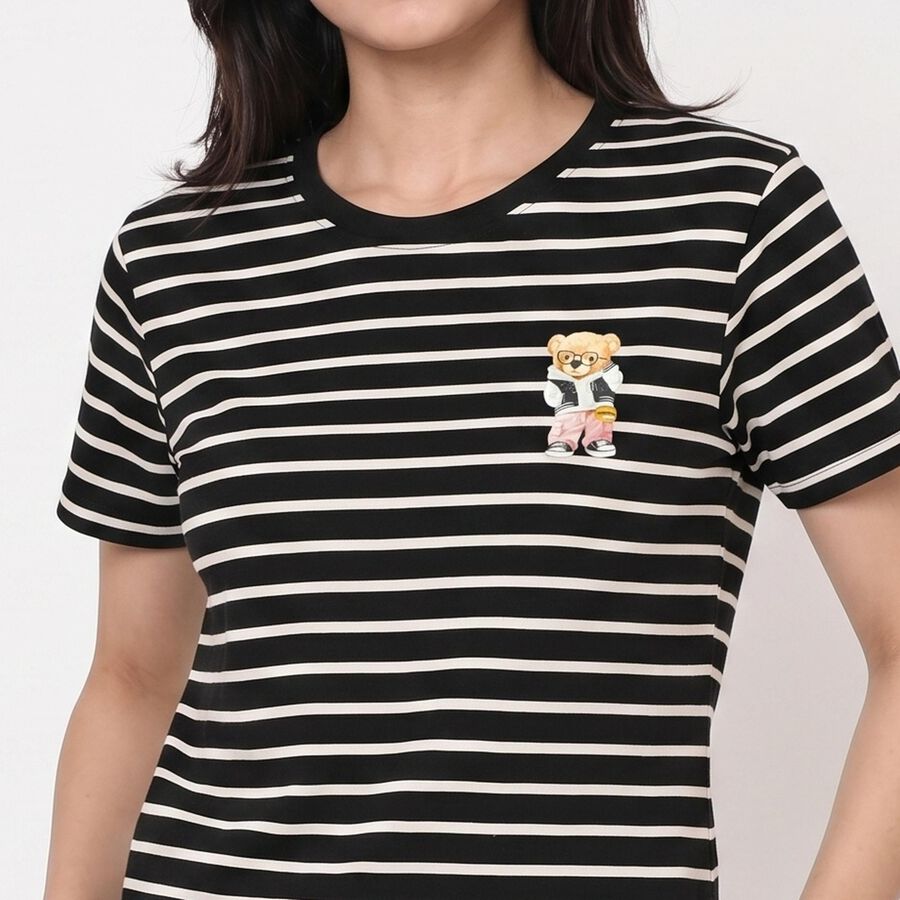 Women Black Round Neck Regular T-Shirt, काला, large