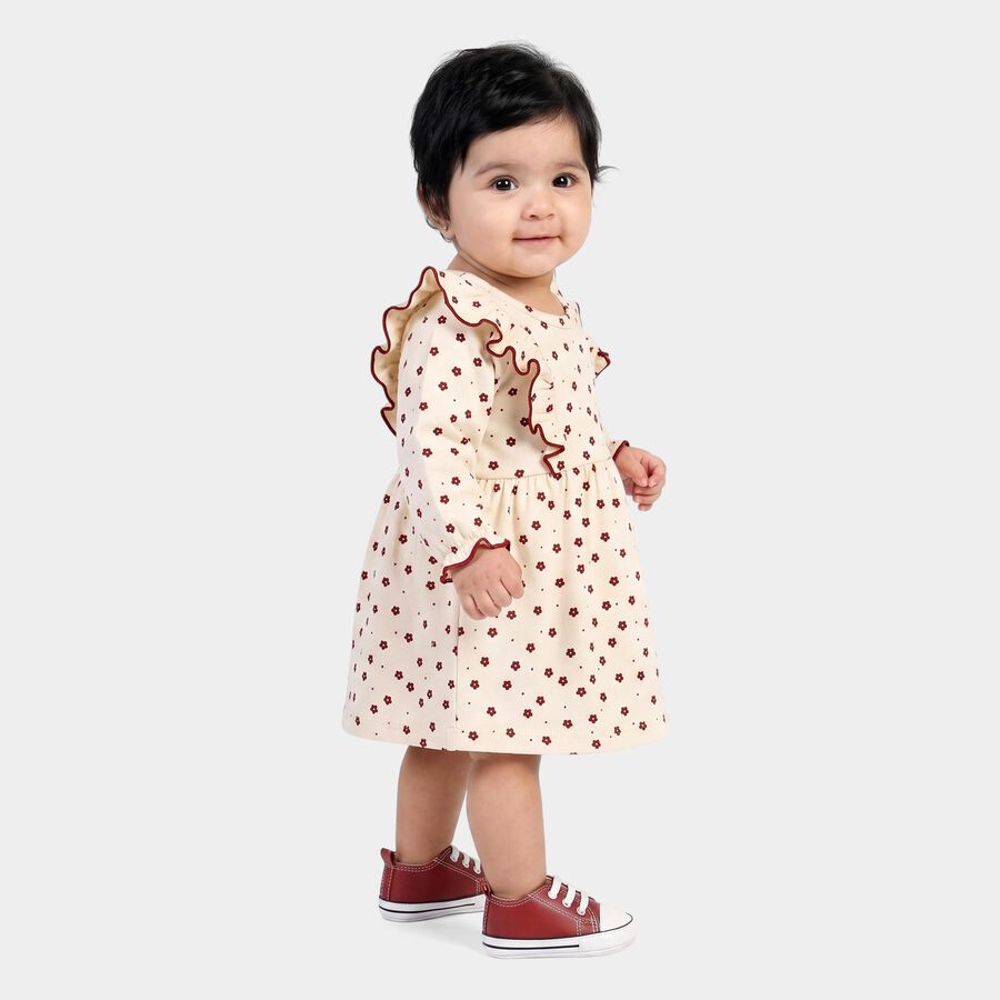 Infants' Cream Floral Printed Fit and Flare Frock, ऑफ व्हाइट, large