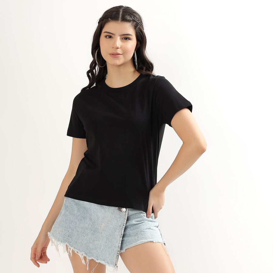 Women's Jet Black Cotton Round Neck T-Shirt, Black, large image number null