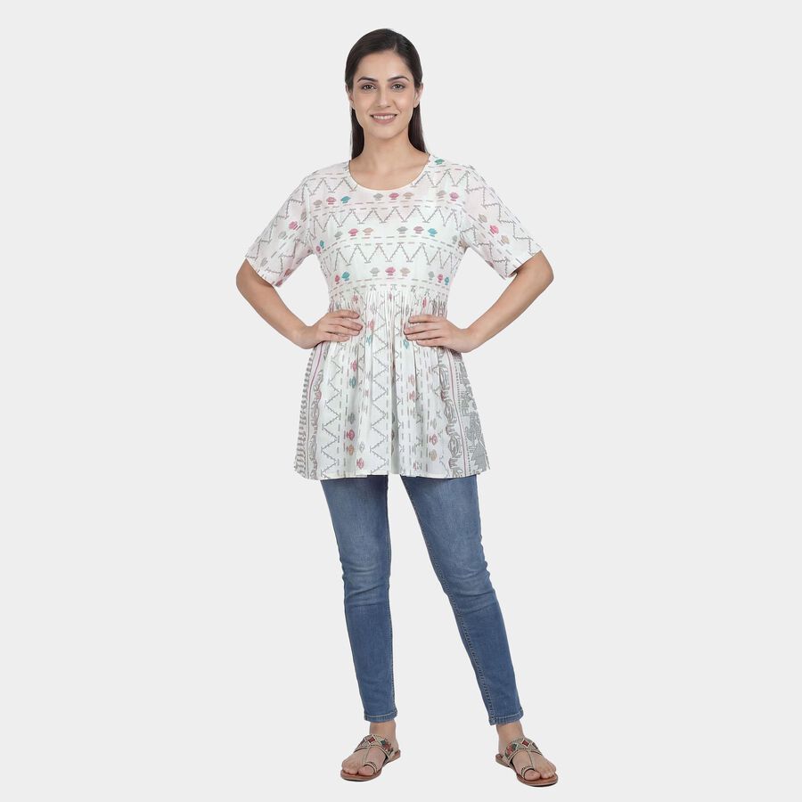 Women's White Notch Neck Self Design Straight Kurti, Off White, large