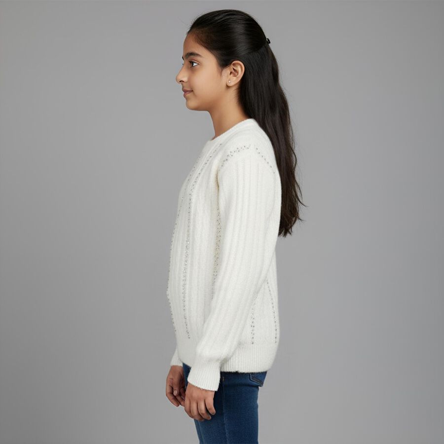 Girls Off White Crew Neck Casual Pullover, Off White, large image number null