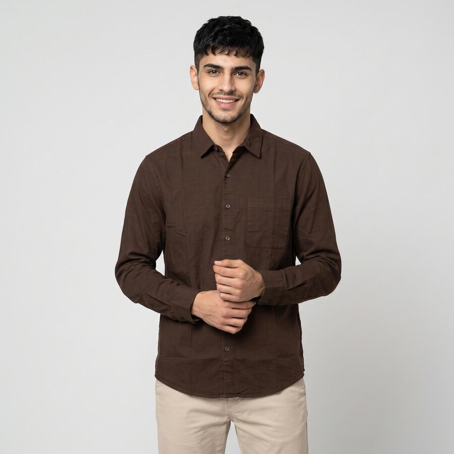 Men's Brown Cotton Casual Shirt, भूरा, large