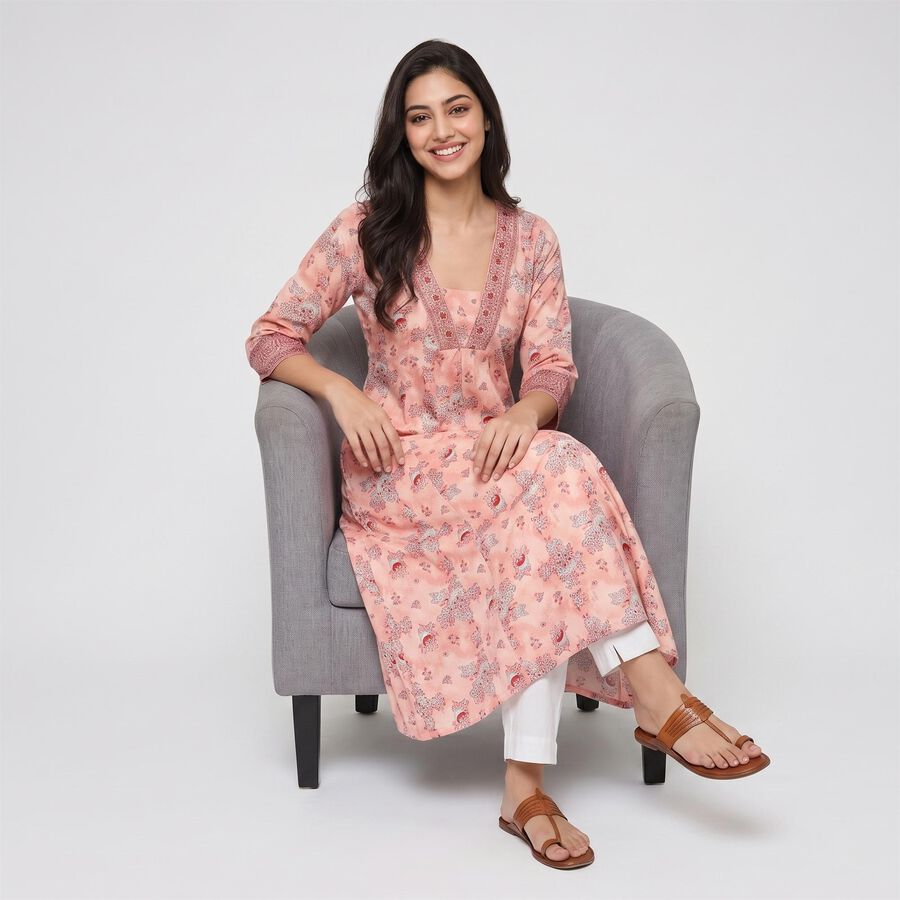Women's Pink V-Neck Printed Kurta, गुलाबी, large