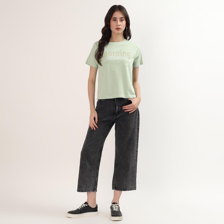 Women's Mint Green Cotton Round Neck Minimalist T-Shirt, हल्का हरा, large