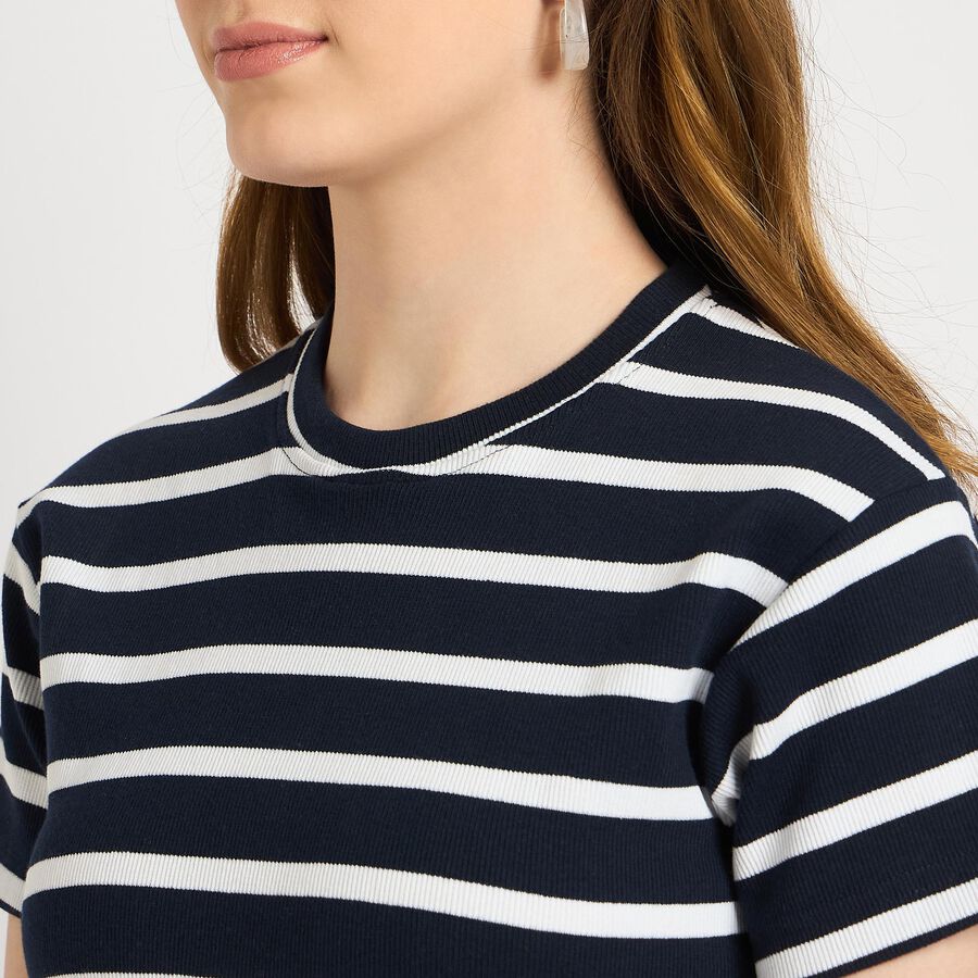 Ladies'  Stripes Round Neck T-Shirt, Navy Blue, large