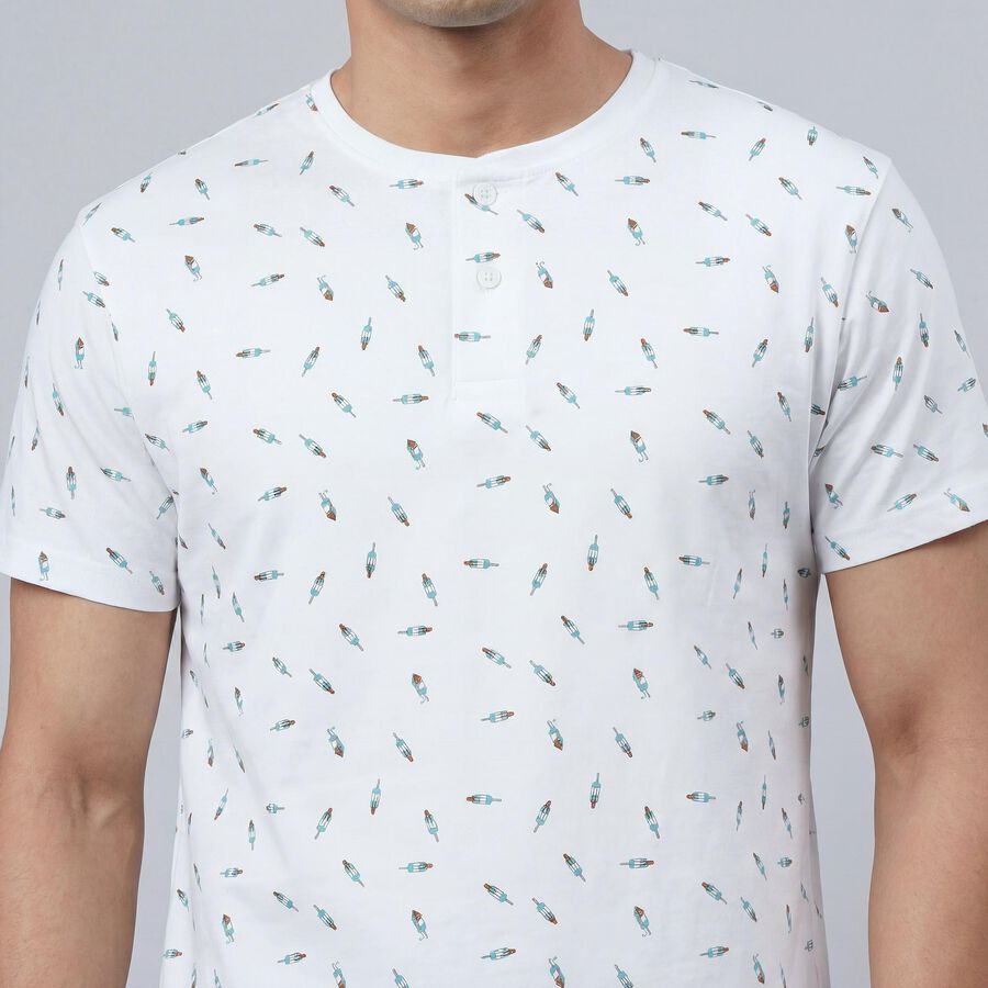 Men's White Cotton Henley Neck Casual T-Shirt, White, large