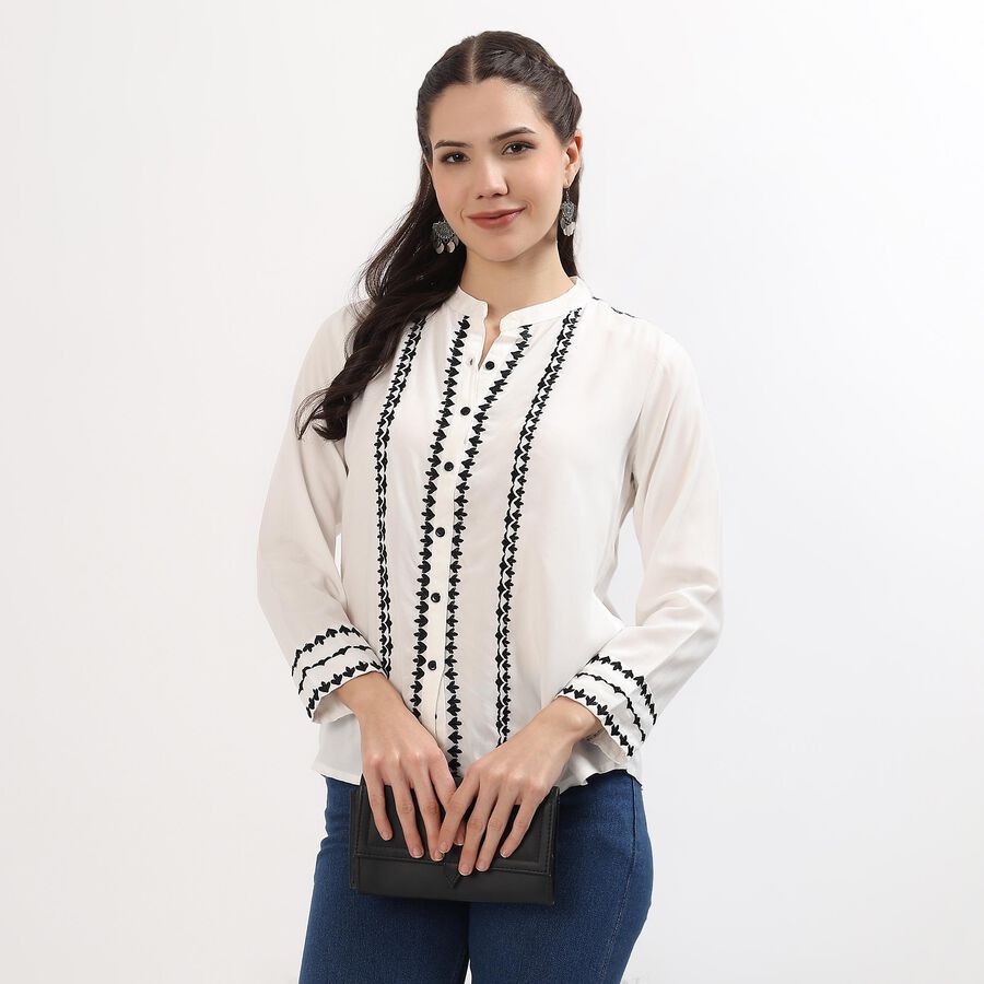 Women's Off-White Embroidered Mandarin Collar Shirt, Off White, large