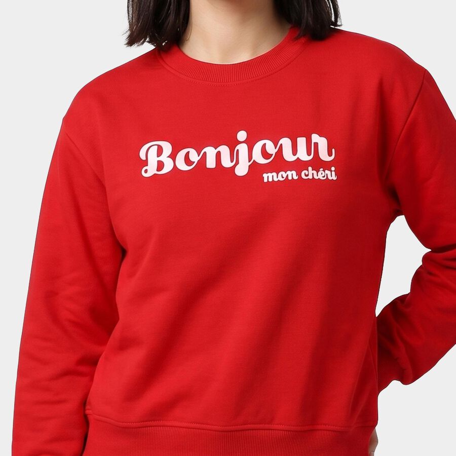 Women Red Crew Neck Pullover Sweatshirt, लाल, large