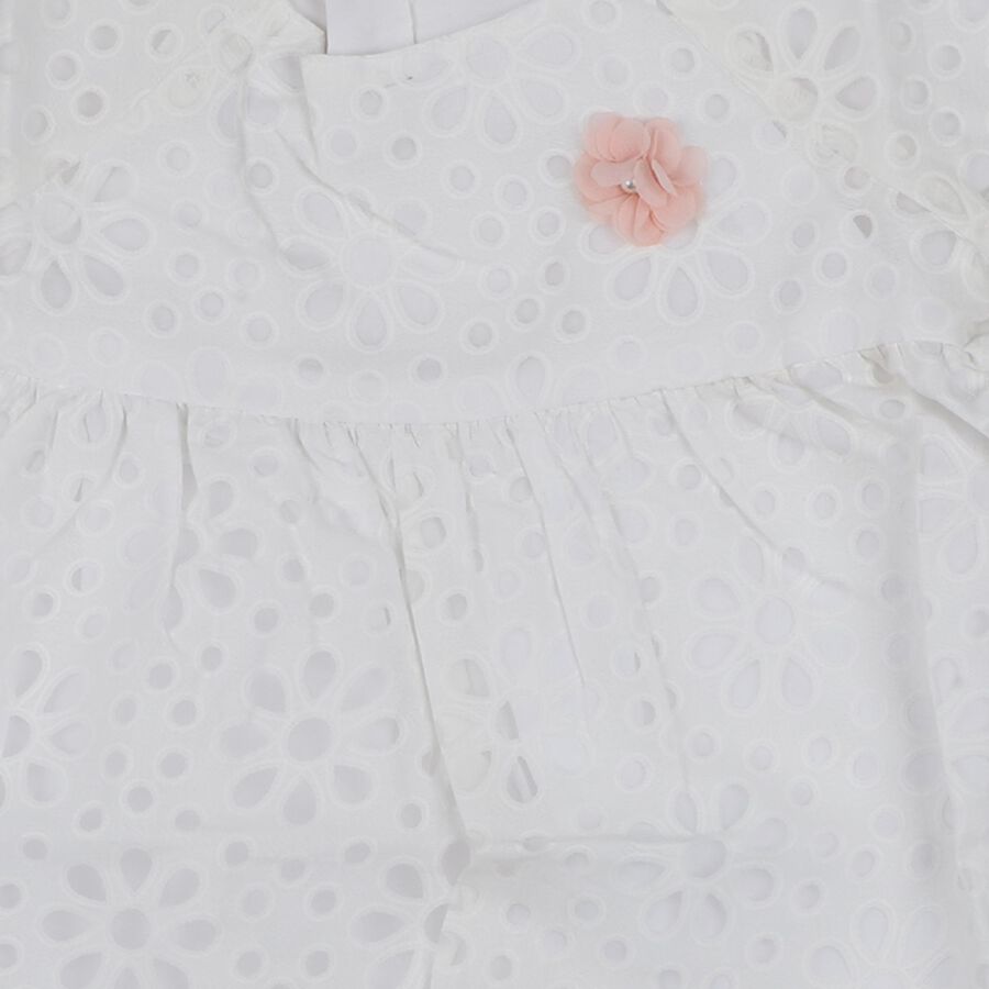 Girls White Round Neck Casual Dress, White, large