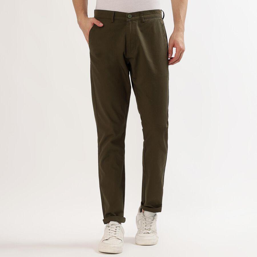 Men's Muted Olive Green Slim Fit Flat-Front Casual Trousers, Olive, large image number null