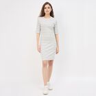 Women's Muted Beige Round Neck Metallic Dress, Beige, small