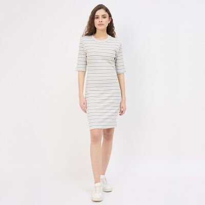 Women's Muted Beige Round Neck Metallic Dress