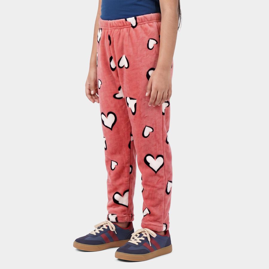 Girls' Pink Regular Fit Heart Print Winter Pyjama, Pink, large