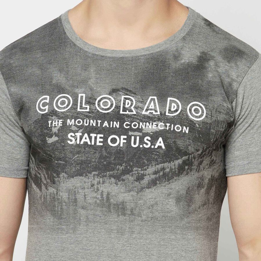 Printed Round Neck T-Shirt, Melange Mid Grey, large image number null