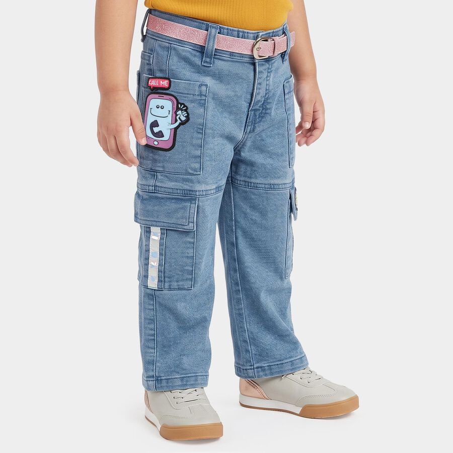 Girls' Light Blue Cargo Fit Patch Detail Jeans, हल्का नीला, large