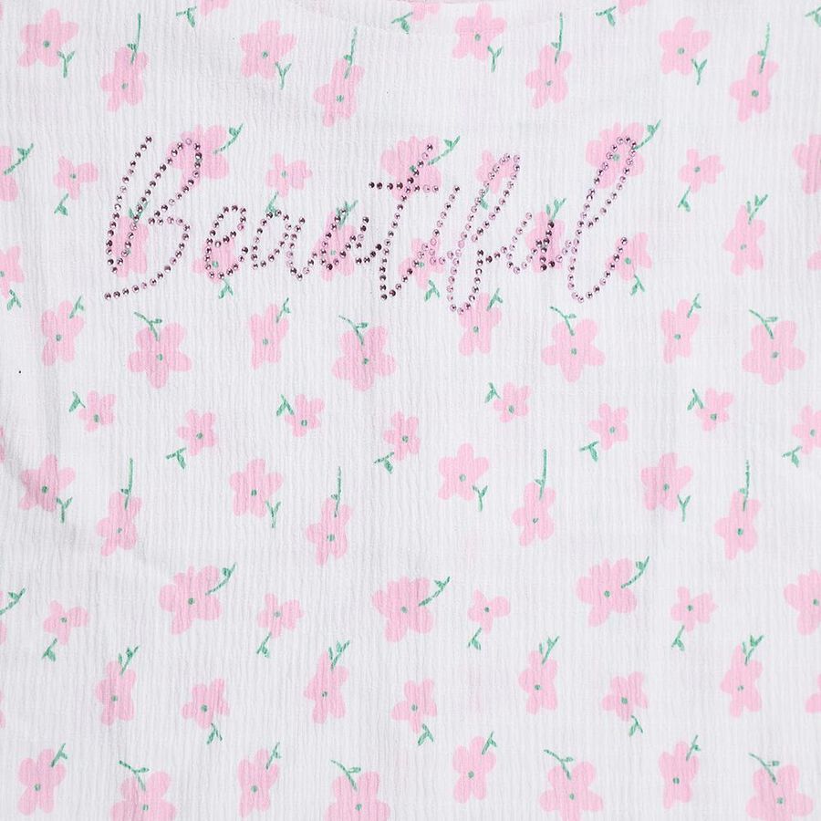 Girls' White Round Neck Casual Floral Printed T-Shirt, White, large