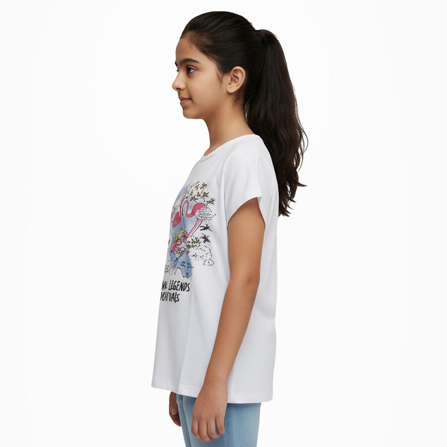 Girls Bright Snow White Round Neck Casual T-Shirt, सफ़ेद, large image number null