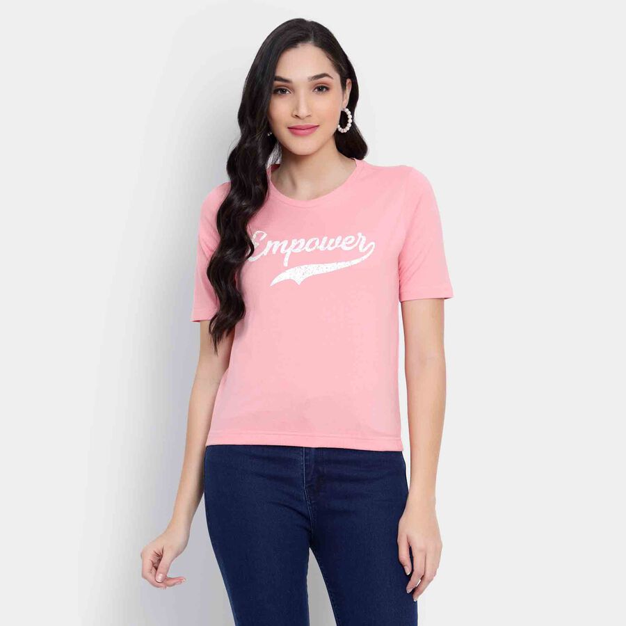 Cotton Round Neck T-Shirt, Pink, large image number null